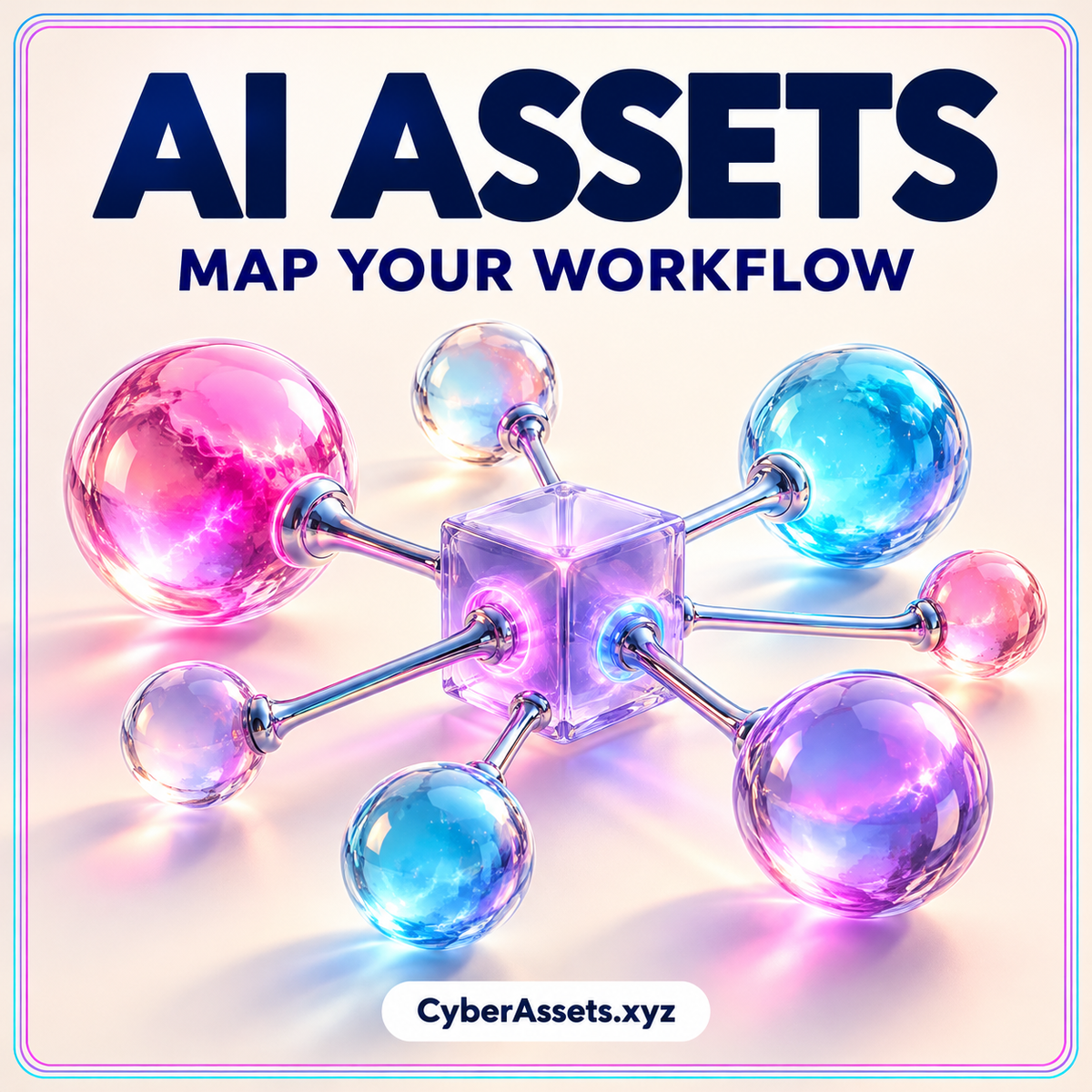 AI Assets: Map Your Workflow. Pink, cyan, and lavender glass spheres connected to a central cube, with CyberAssets.xyz branding.