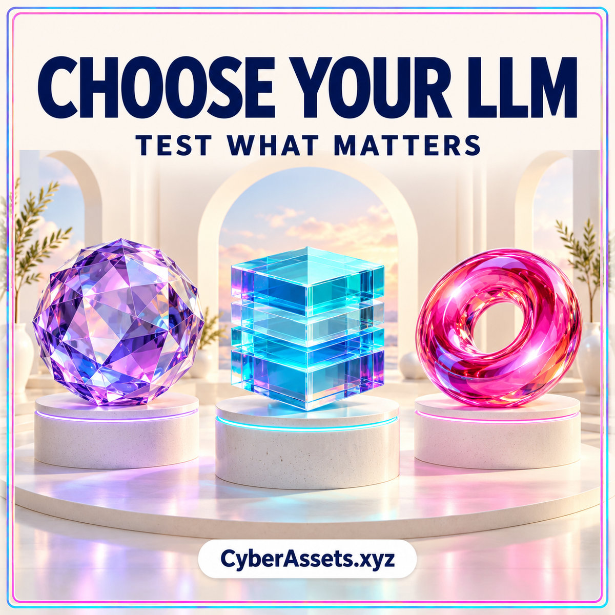 Choose Your LLM: Test What Matters. A violet faceted orb, cyan layered cube, and pink glass ring on pedestals, branded CyberAssets.xyz.