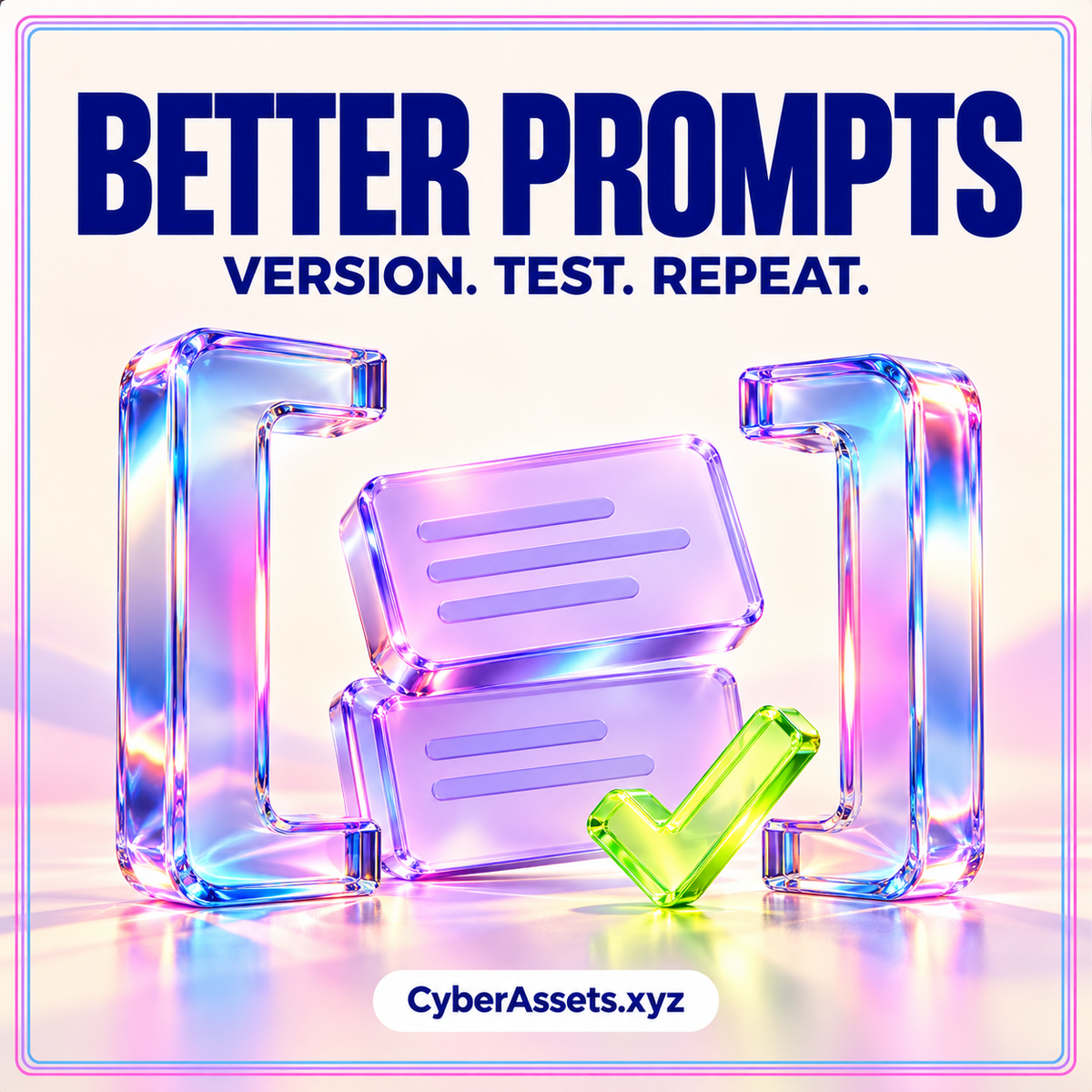 Better Prompts: Version. Test. Repeat. Glass brackets frame lavender cards and a lime checkmark, with CyberAssets.xyz branding.